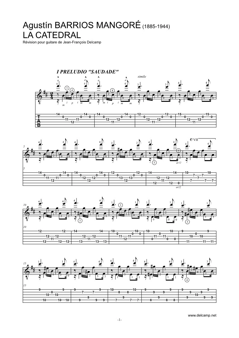 Agustín Barrios Mangoré - La Catedral Tab for classical guitar