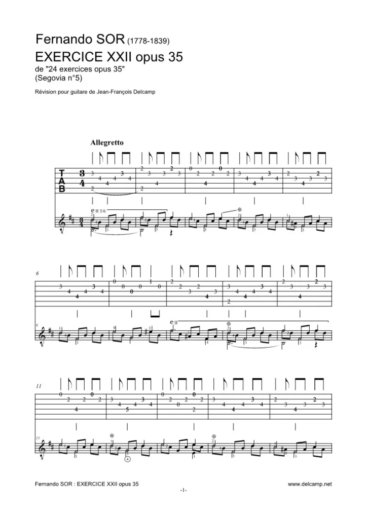 Fernando Sor – Study 5 in B minor Tab for classical guitar