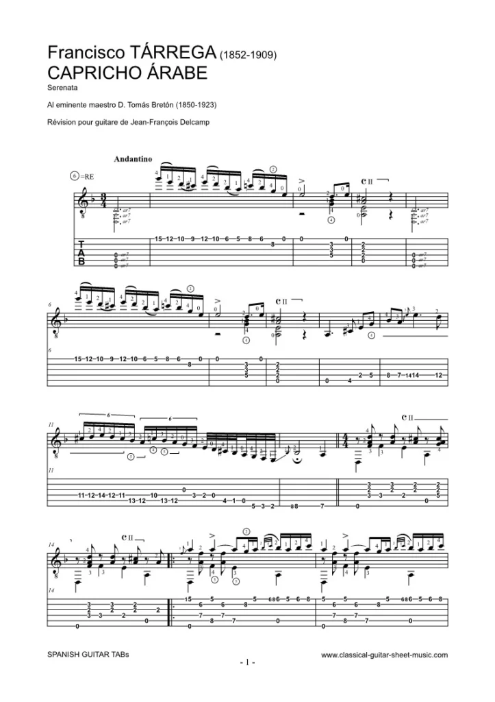 Francisco Tárrega - Capricho árabe Tab for classical guitar