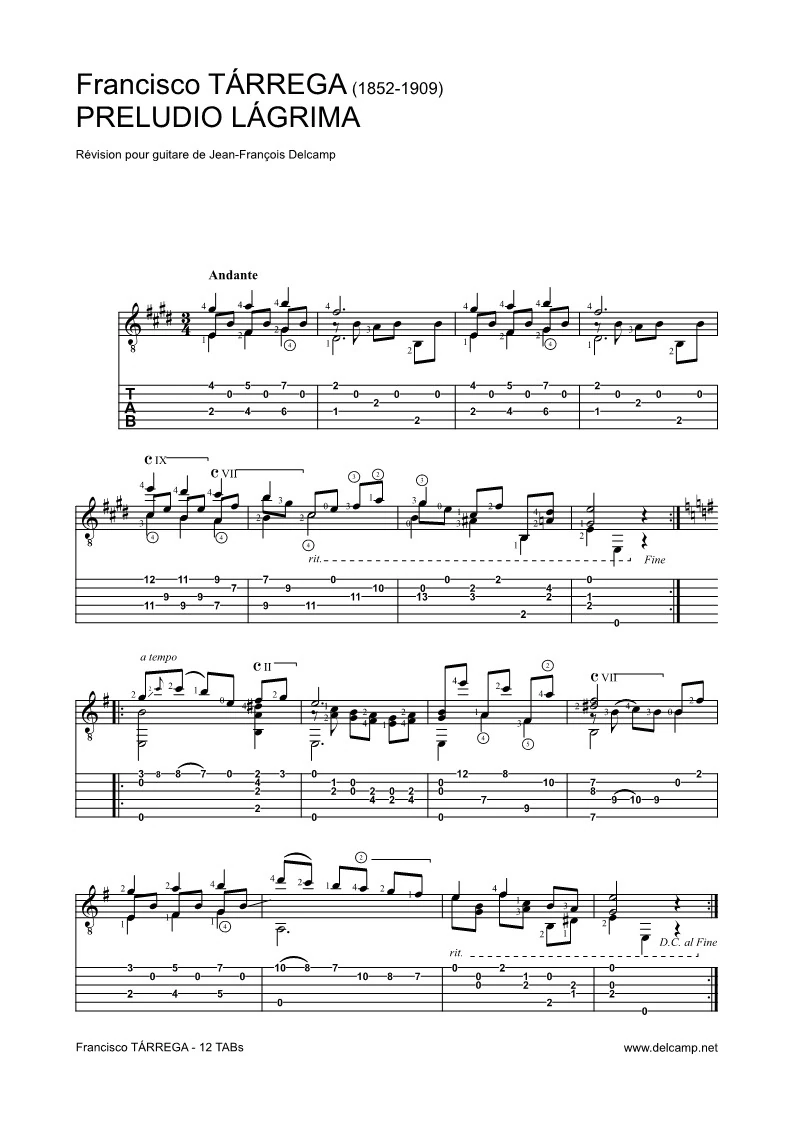 Francisco Tárrega – Lagrima preludio for classical guitar