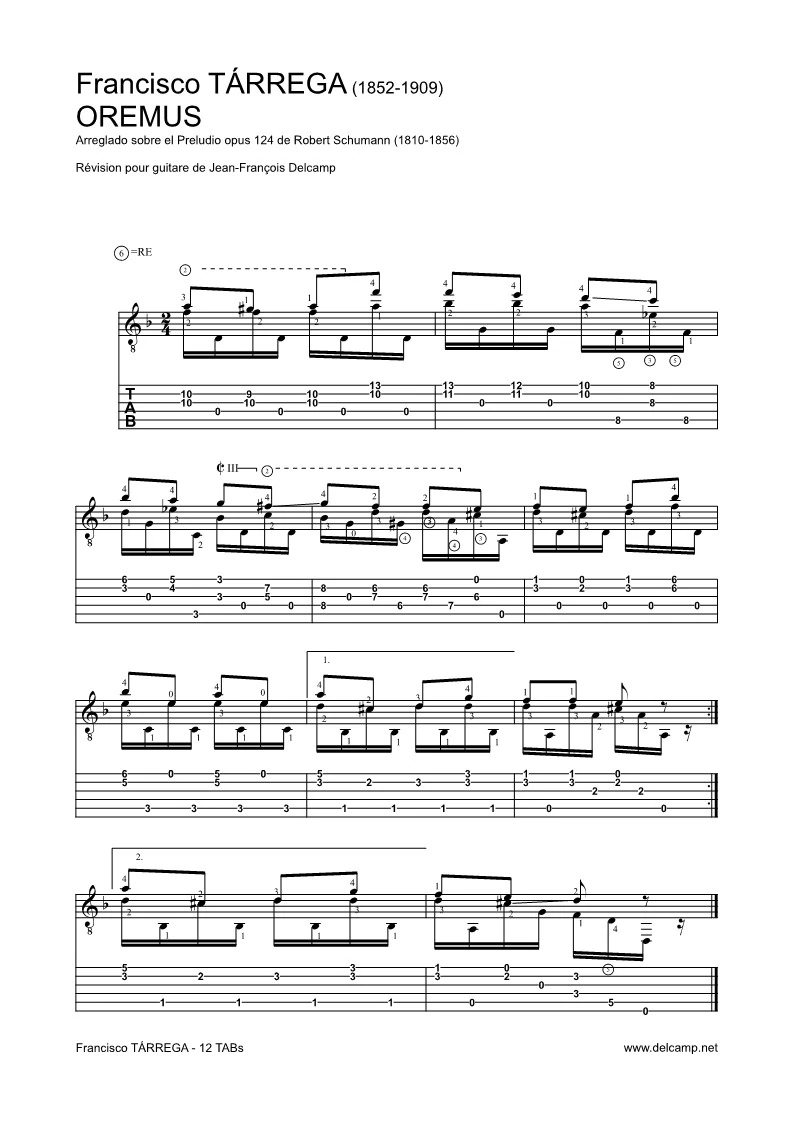 Francisco Tárrega - Oremus Preludio Tab for classical guitar