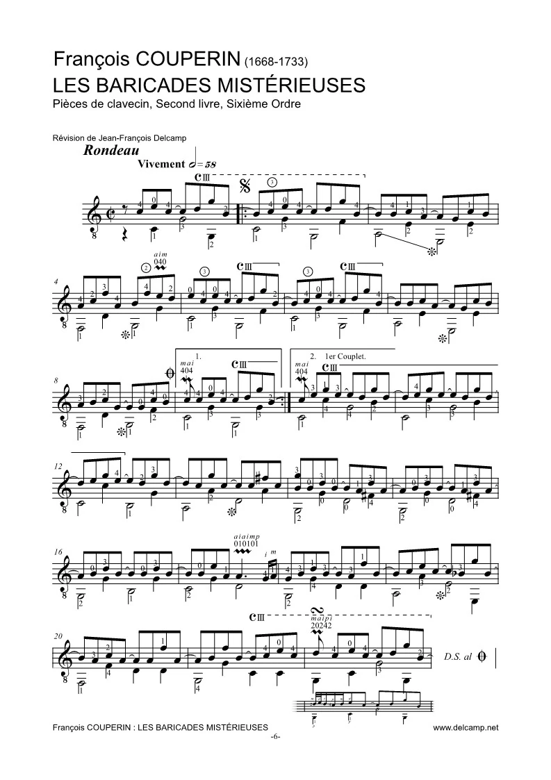 François Couperin - Les Baricades mistérieuses for classical guitar