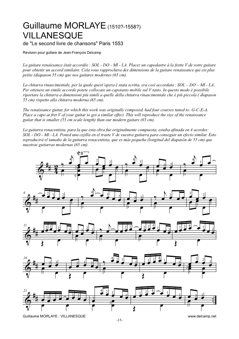 Guillaume Morlaye : Villanesque for classical guitar
