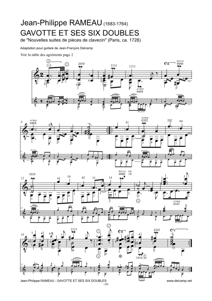 Jean-Philippe Rameau : Gavotte et ses 6 Doubles for classical guitar