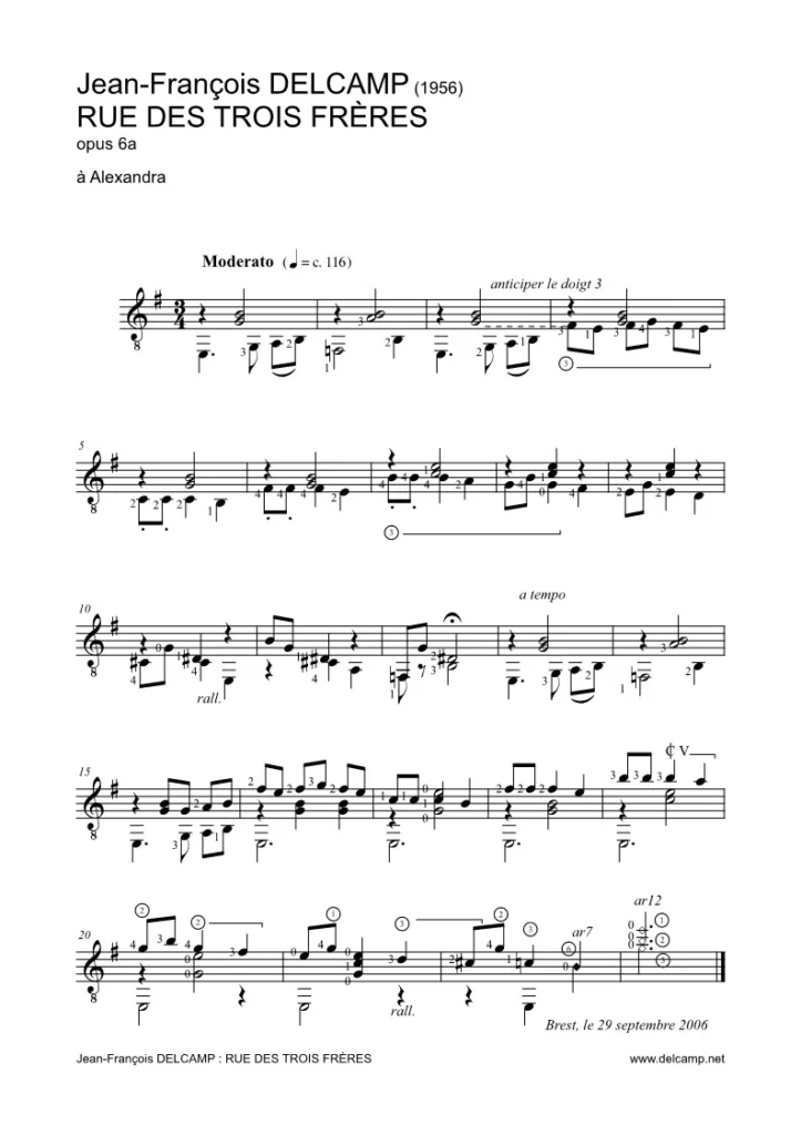Jean-François Delcamp – Rue des Trois Frères for classical guitar