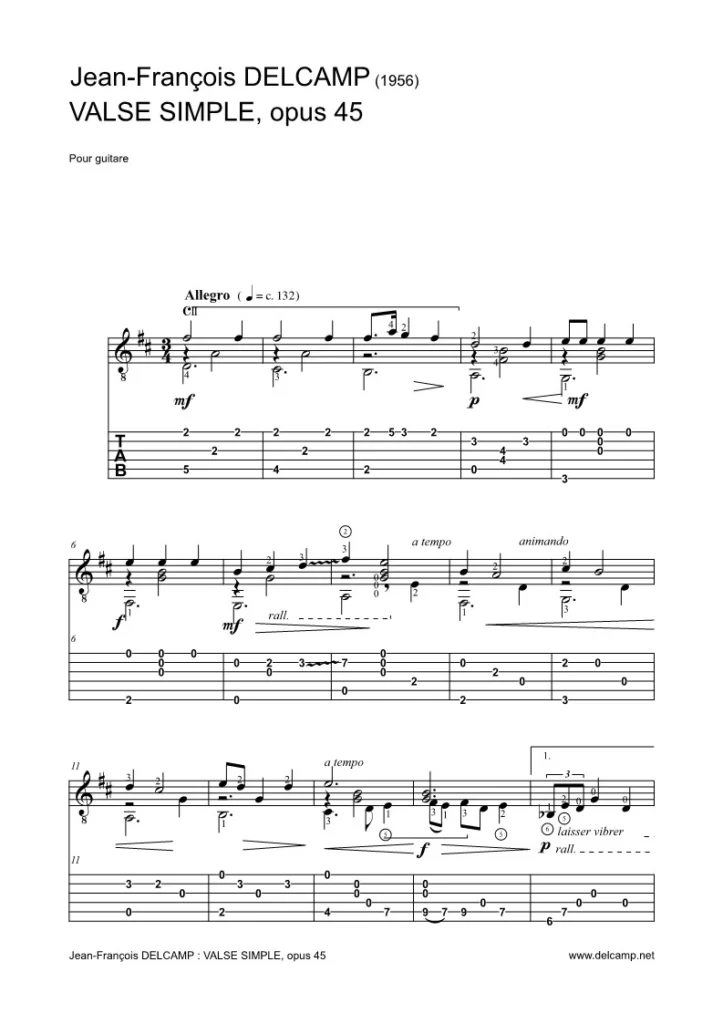 Jean François Delcamp - Valse simple opus 45 - Tab for classical guitar