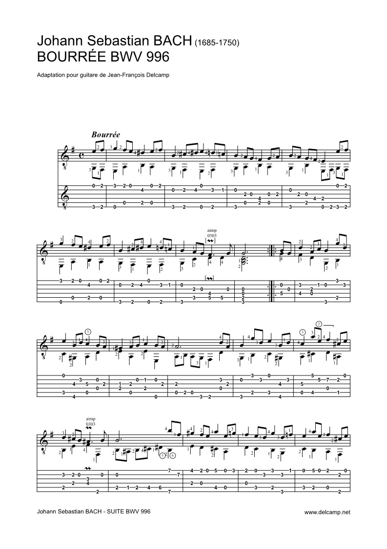 Johann Sebastian Bach - Bourrée In E Minor BWV 996 Tab for classical guitar