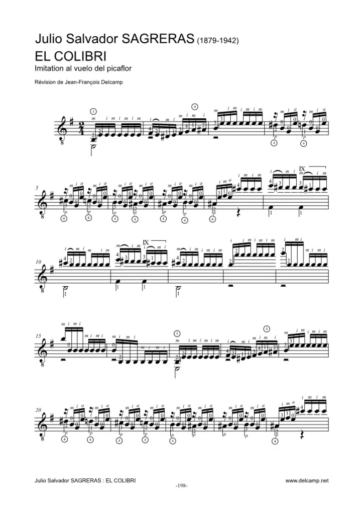 Julio Salvador Sagreras – El Colibri for classical guitar