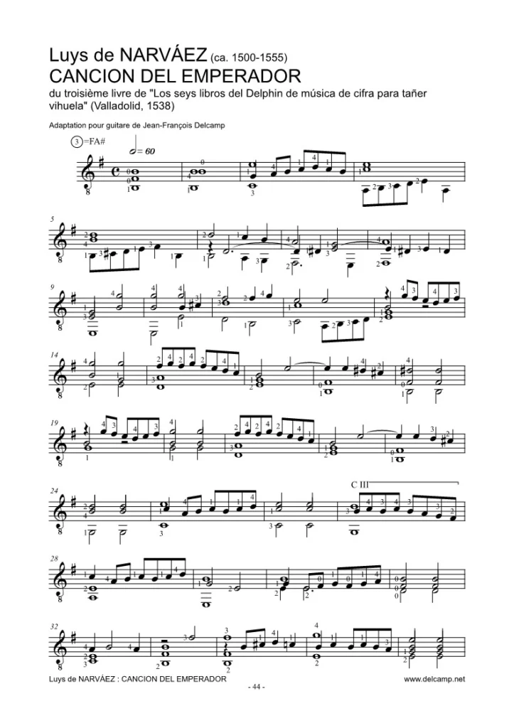 Luys de Narvaez - Cancion del Imperador for classical guitar