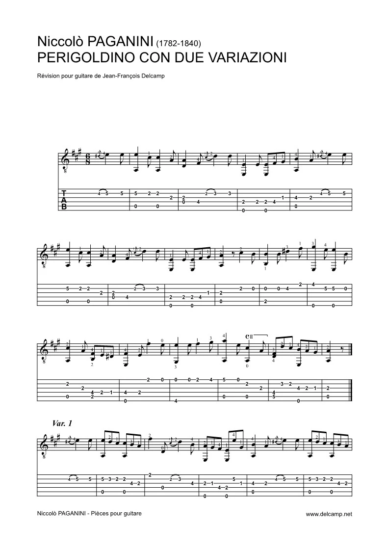 Niccolò Paganini - Perigoldino con due variazioni Tab for classical guitar