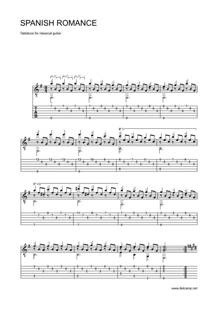 Spanish Romance Tab for classical guitar