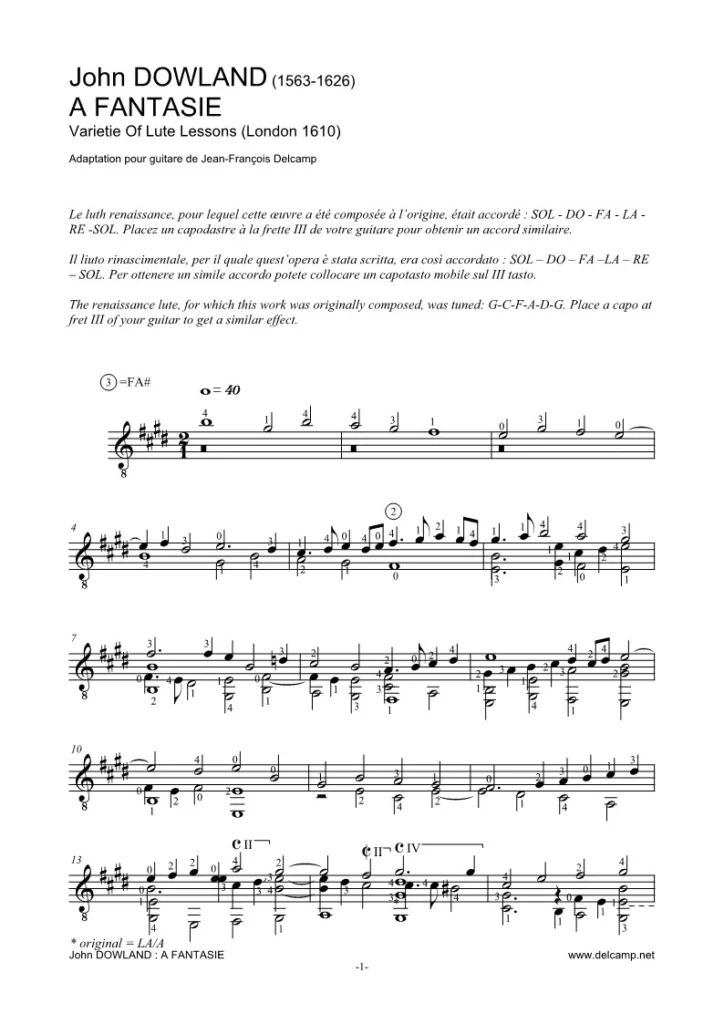John Dowland : A Fantasie, n°VII for classical guitar