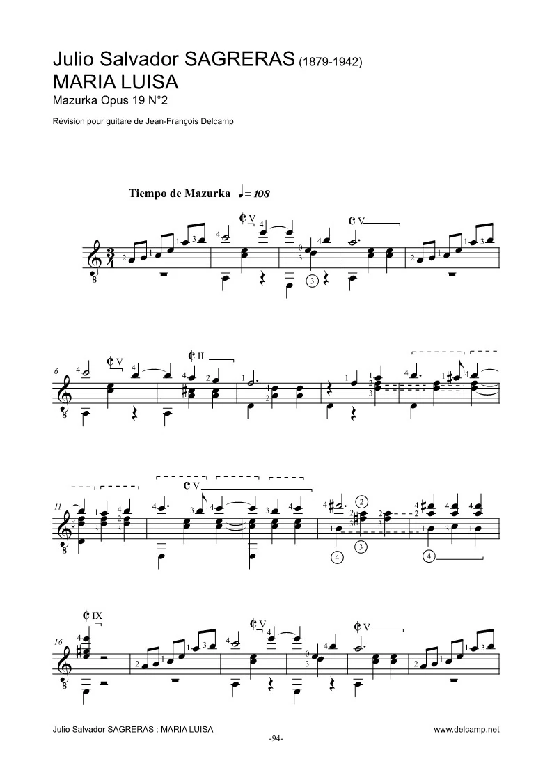 Julio Salvador Sagreras - Maria Luisa for classical guitar