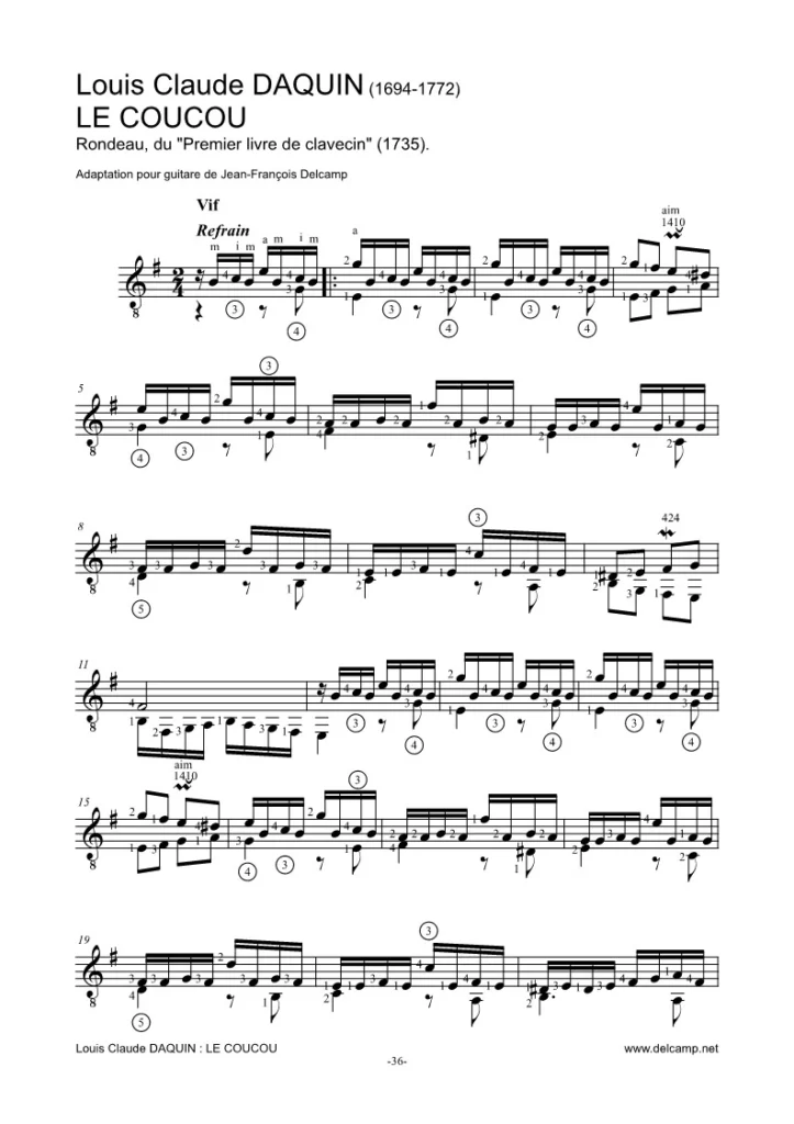 Louis Claude Daquin - Le coucou for classical guitar