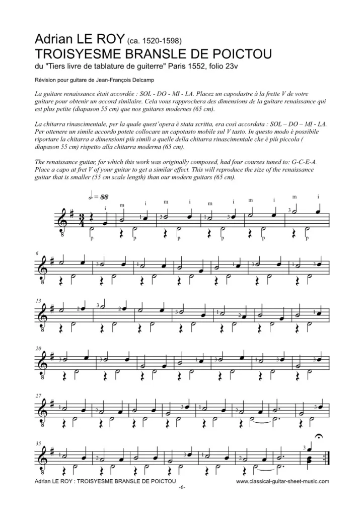 Adrain Le Roy Third Branle de Poictou Classical guitar sheet music for Beginner