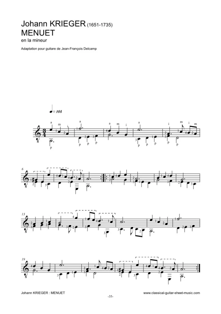 Johann Krieger Menuet Classical guitar sheet music for Beginner