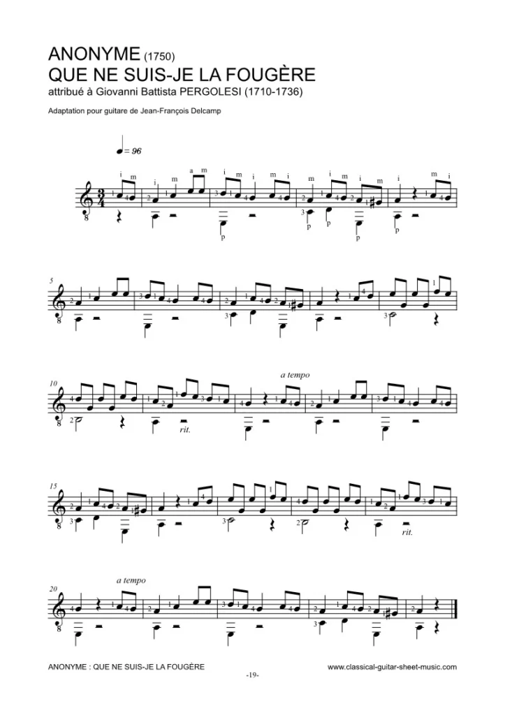 Que ne suis-je la fougère Classical guitar sheet music for Beginner