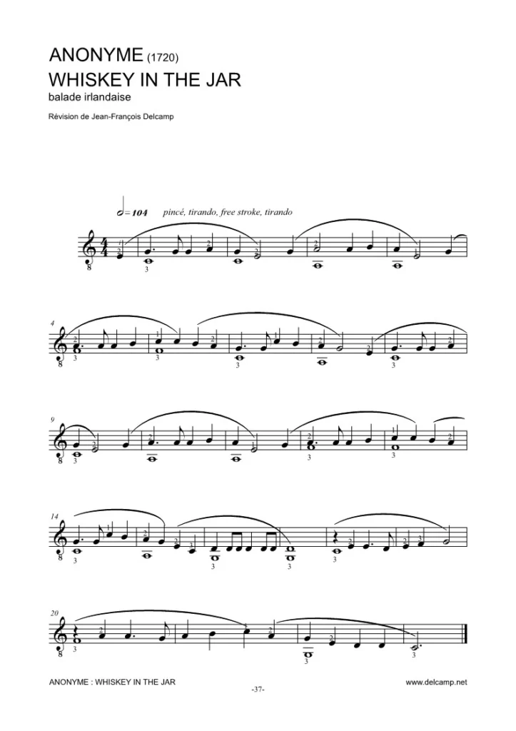 Wiskey in the jar Classical guitar sheet music for Beginner