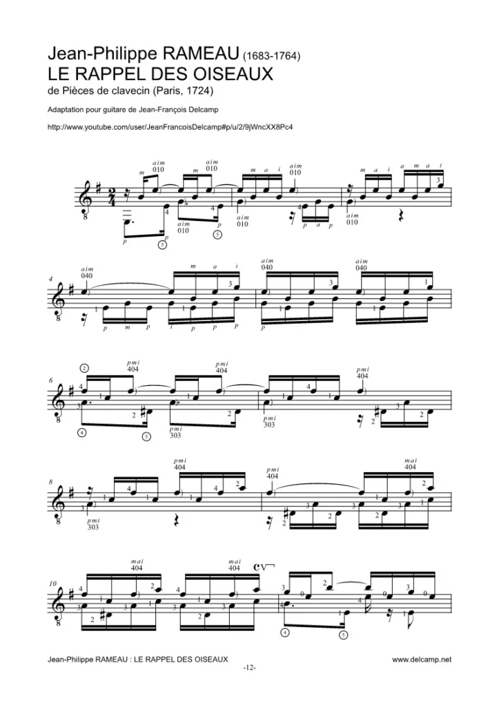 Jean-Philippe Rameau – Le rappel des oiseaux for classical guitar