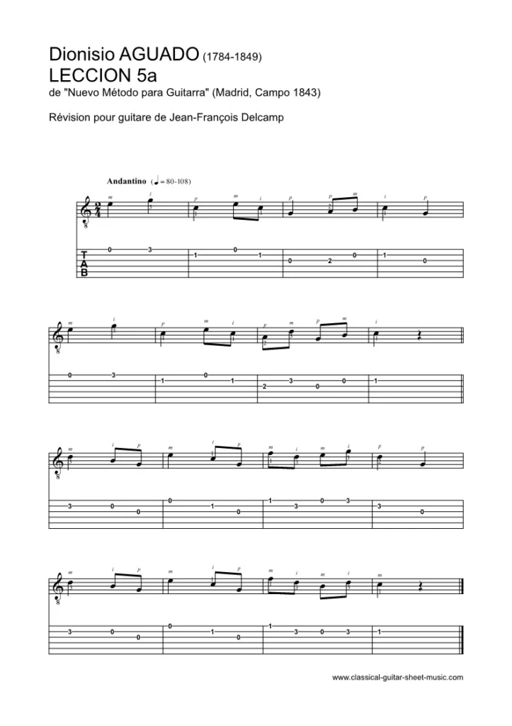 Aguado, Leccion 5a - Sheet music and tabs for beginners