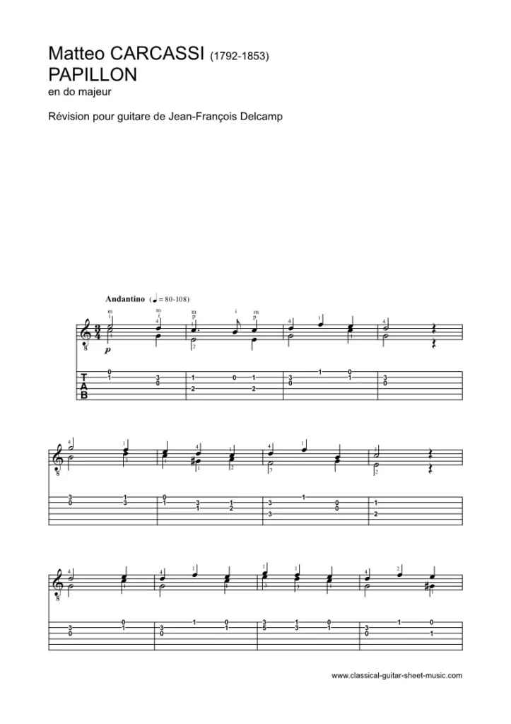 Carcassi, Papillon - Sheet music and tabs for beginners